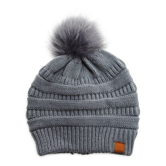 Knit Beanie Ruched With Faux Fur Pom Grey One Size - Picture 3 of 3